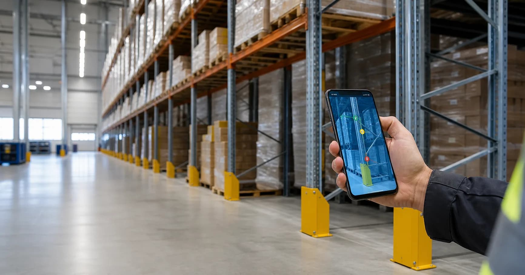 Prüfer dokumentiert eine Regalprüfung mobil im Lager
